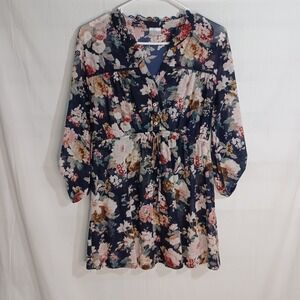 Women's‎ V-Neck Sheer Floral Tunic Button Front Top 3/4 Sleeve Tie Waist Size L